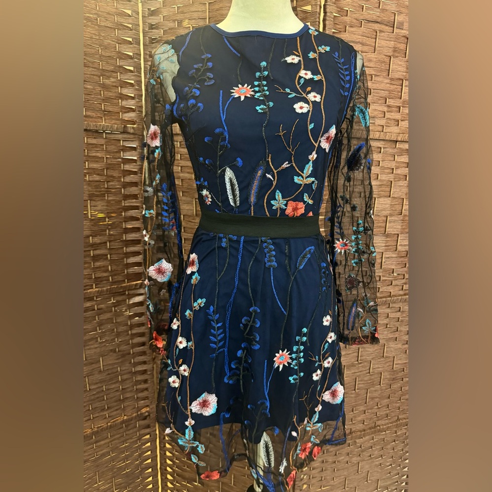 Navy Sheer Lined Under Embroidered Flowers Long Sleeve Dress Small Back Zipper